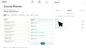 The cursor has clicked Math 7 to view the list of math course in a side panel that has opened. The cursor is clicking a course to view more details.
